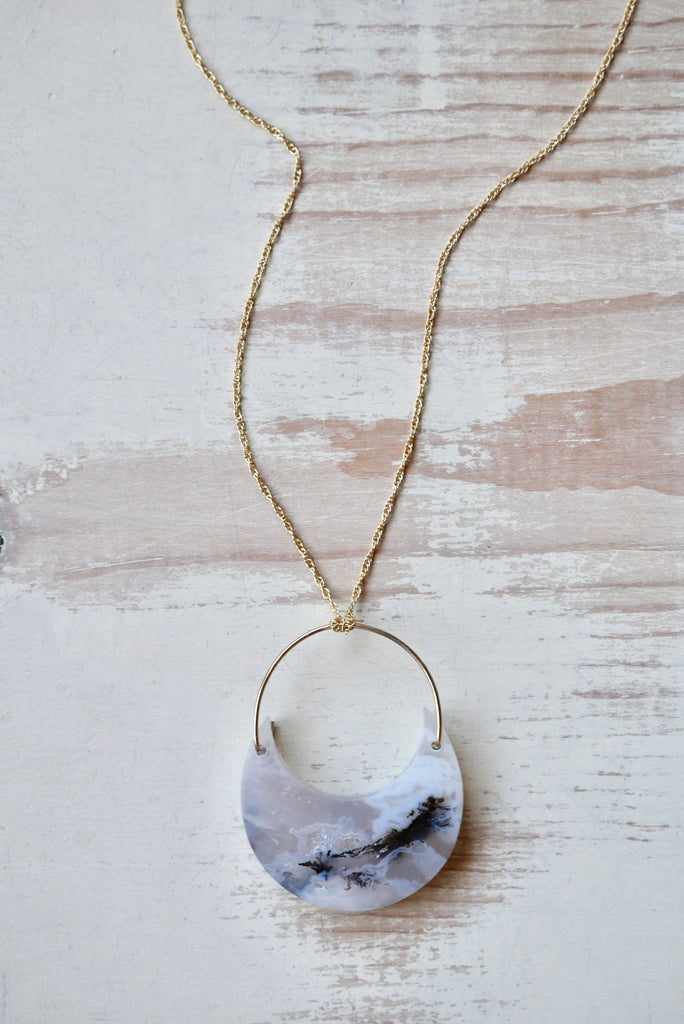 Dendritic Agate Crescent Moon Pendant Necklace