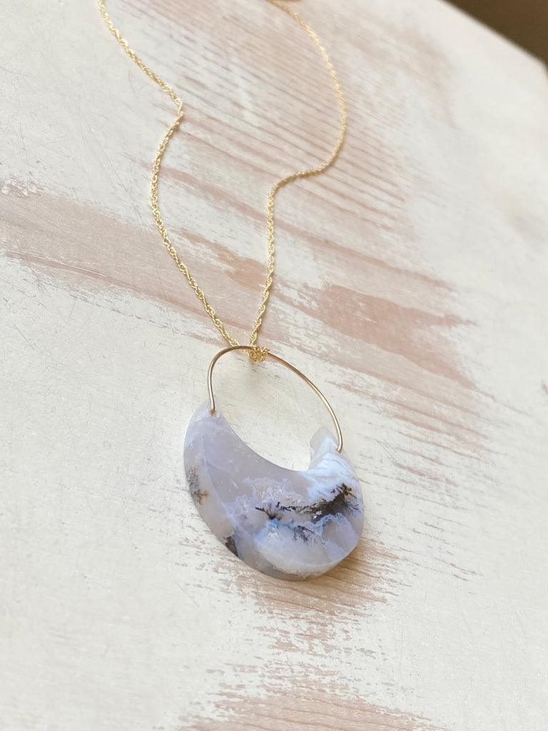 Dendritic Agate Crescent Moon Pendant Necklace