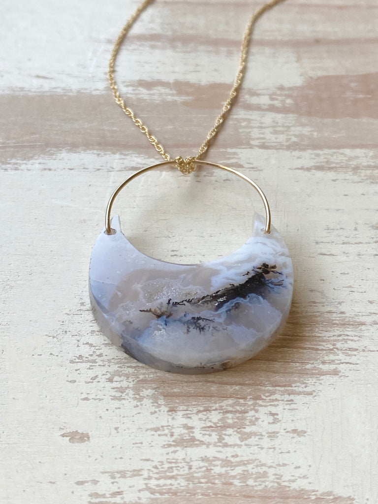 Dendritic Agate Crescent Moon Pendant Necklace
