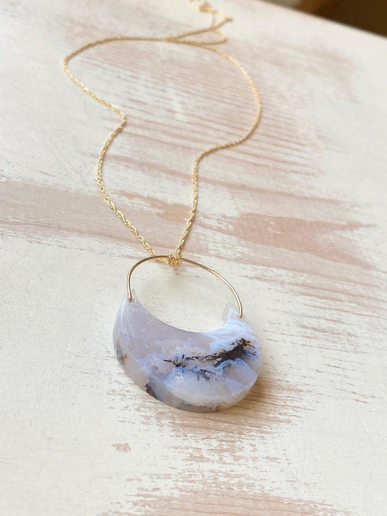 Dendritic Agate Crescent Moon Pendant Necklace