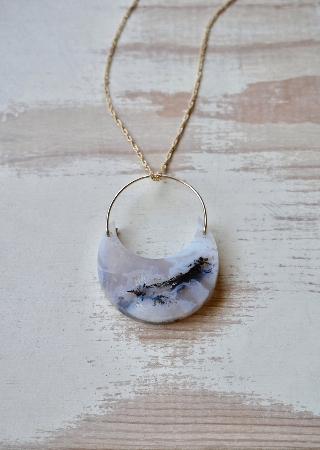 Dendritic Agate Crescent Moon Pendant Necklace