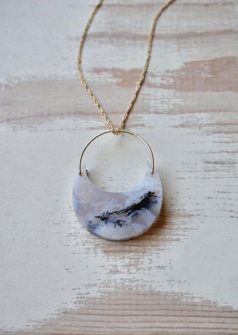 Dendritic Agate Crescent Moon Pendant Necklace