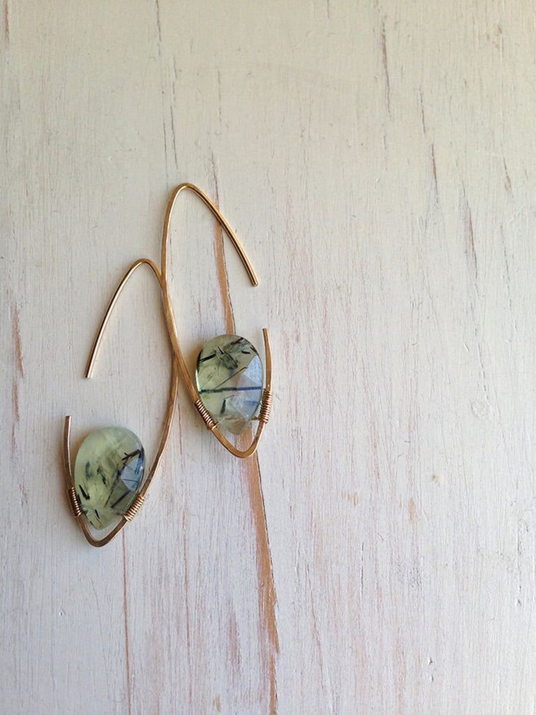 Green Rutilated Quartz Tear Hoop