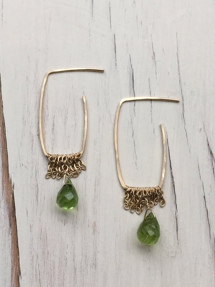 Peridot Teardrop Chain Hoops
