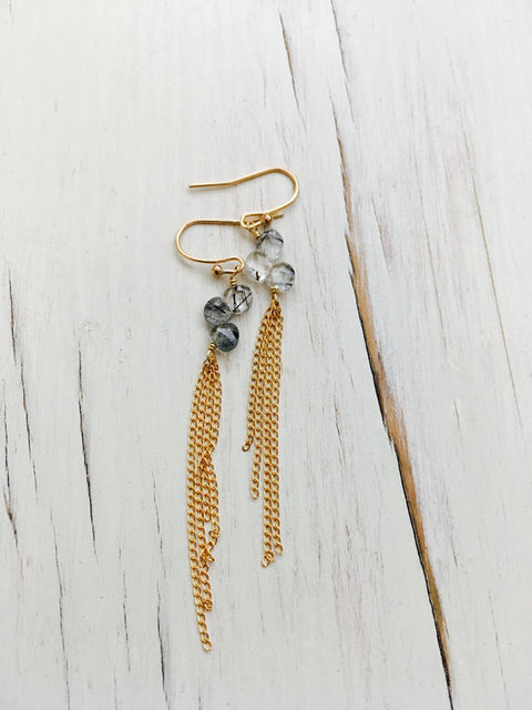 Black Rutilated Quartz Dangle Chain Earrings