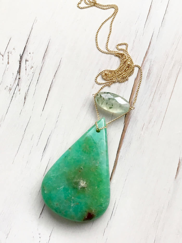 Chrysoprase Prehnite Teardrop Necklace Statement Necklace