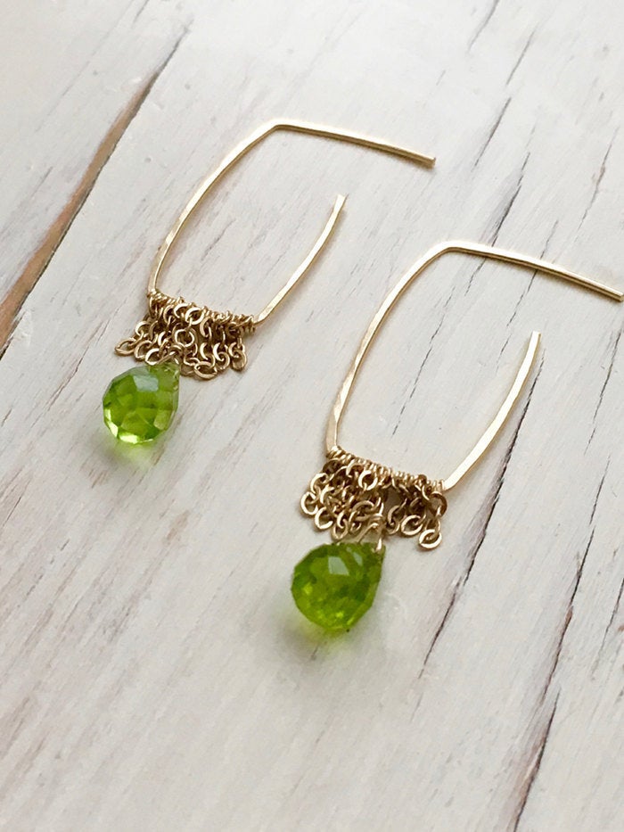 Peridot Teardrop Chain Hoops
