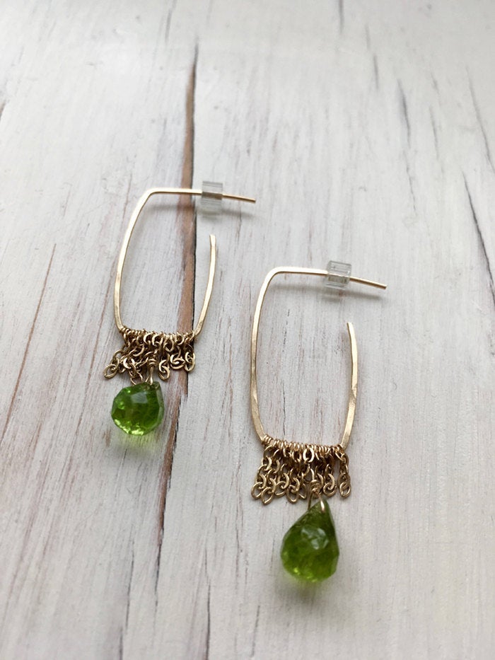 Peridot Teardrop Chain Hoops