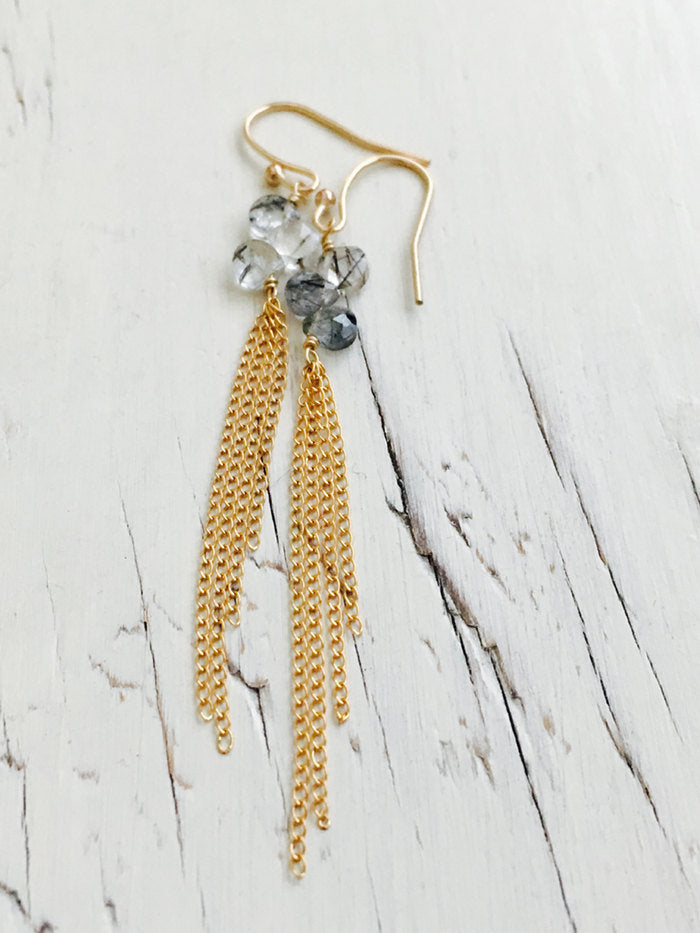 Black Rutilated Quartz Dangle Chain Earrings