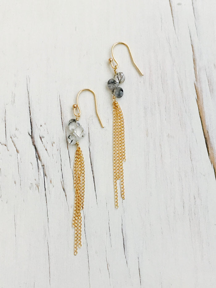 Black Rutilated Quartz Dangle Chain Earrings