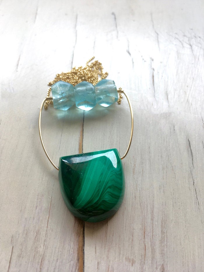 Malachite Vintage Aqua Glass Statement Necklace
