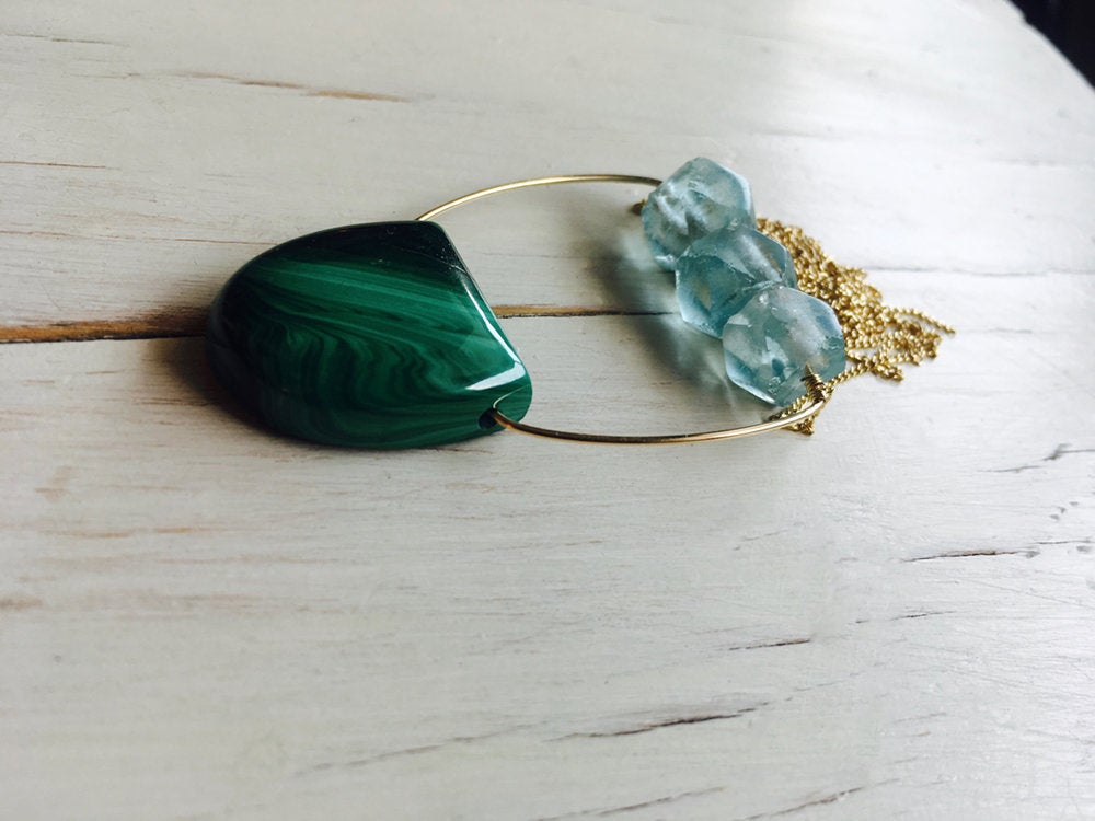 Malachite Vintage Aqua Glass Statement Necklace