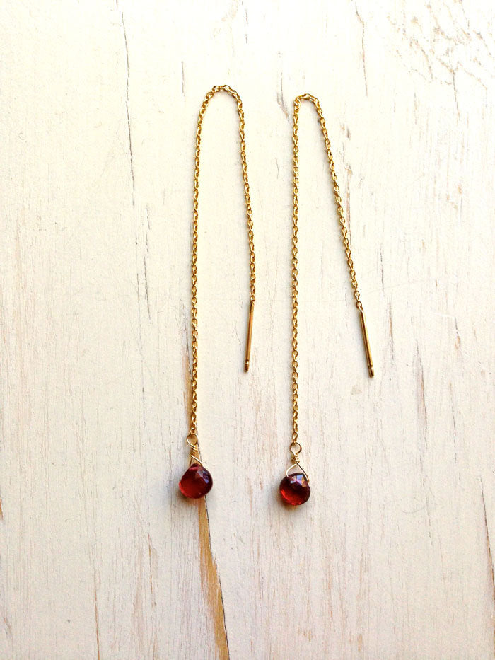 Garnet Tiny Tear Drop Chain Earrings