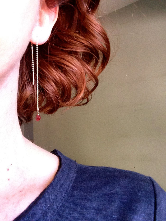 Garnet Tiny Tear Drop Chain Earrings