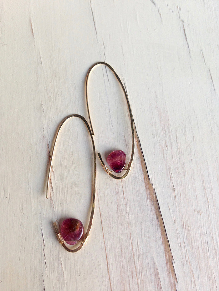 Pink Tourmaline Oblong Tear Hoops