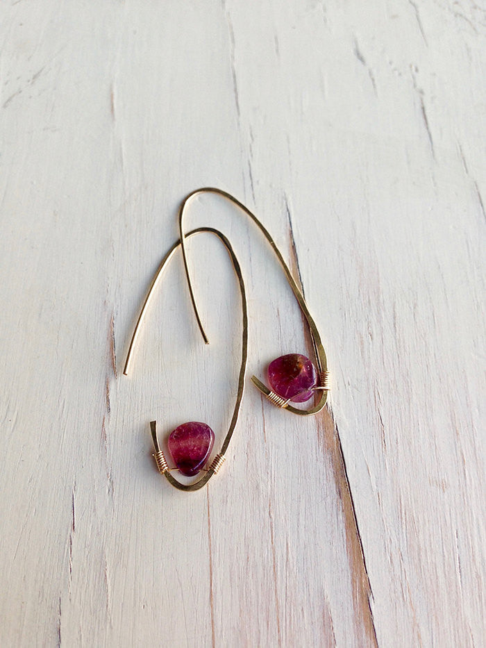 Pink Tourmaline Oblong Tear Hoops