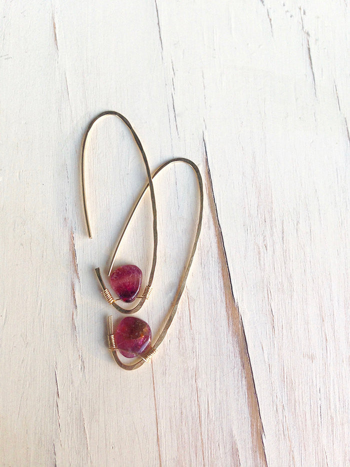 Pink Tourmaline Oblong Tear Hoops